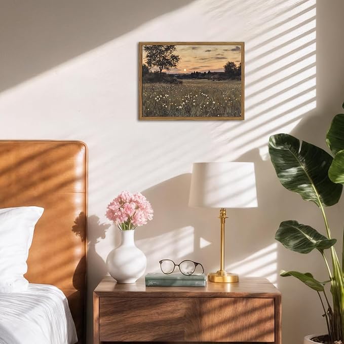 Vintage Farmhouse Wall Art, Rustic Floral Wall Decor Paintings, Twilight Firefly Artwork Painting Field Nature Landscape Canvas Prints for Bedroom Living Room 12x16 inch Wood Framed