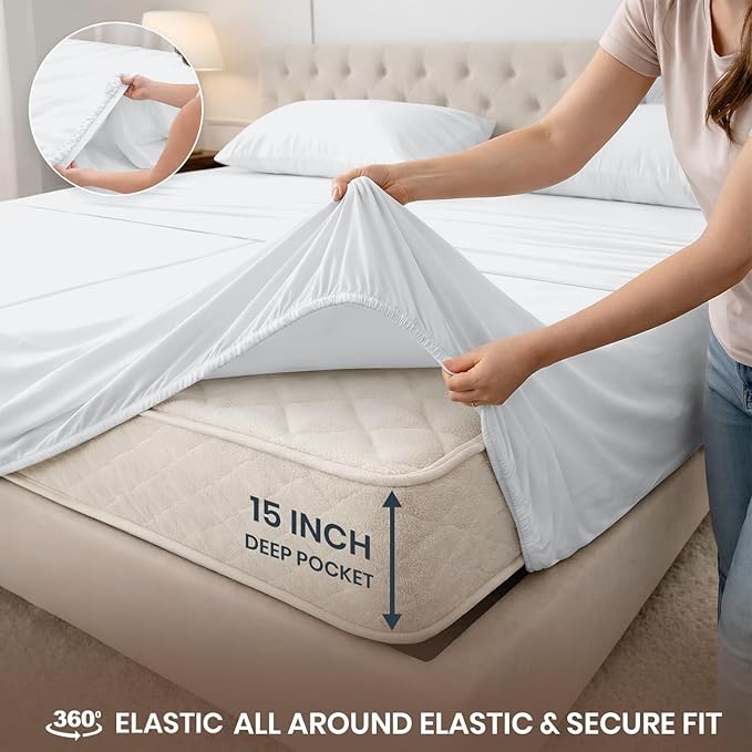 SGI Split King Sheet Set for Adjustable Bed Egyptian Premium Cotton 600 Thread Count Sheets for Sleep Number Bed 15" Deep Pocket 5 Pc Set with 2 Twin XL Fitted Sheets Soft Breathable - White