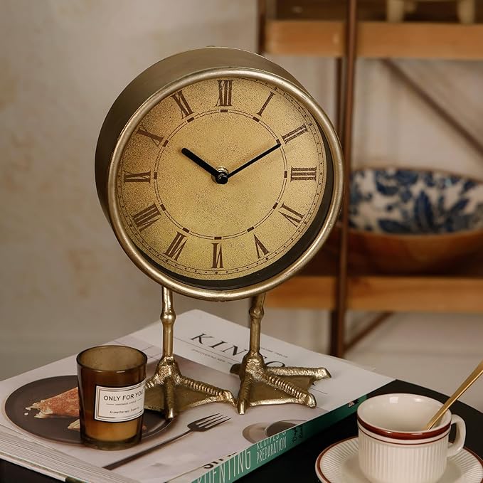 NIKKY HOME Vintage Gold Table Top Clock, Cute Duck Paw Silent Shelf Desk Clock Battery Operated Rustic Design, Home Decor for Living Room, Bedroom, Bedside