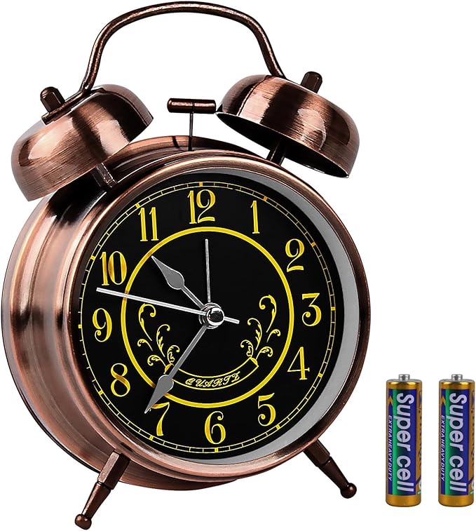 pxy Retro Alarm Clock for Heavy Sleepers 3D Dial Battery Operated (Battery Include), 4" Super Silent Analog Alarm Clock for Kids with Night Light PT260 Silver OrangePT258-6 Red Copper