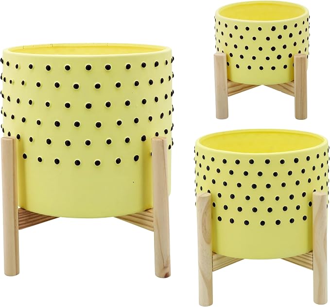 Ceramic Planter with Wooden Stand – Indoor or Outdoor Plant Stand for Living Room or Patio – Dotted Contemporary Design for Home Decor – Planter for Stylish Spaces – 10", Yellow & Black
