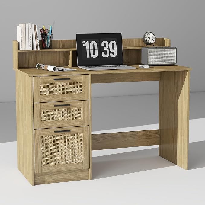 FUNKOCO Computer Desk with Rattan Drawers and Hutch - 47 Inch Home Office Boho Writing Desk with Storage File Drawer & Monitor Stand, Modern Wood Computer Table