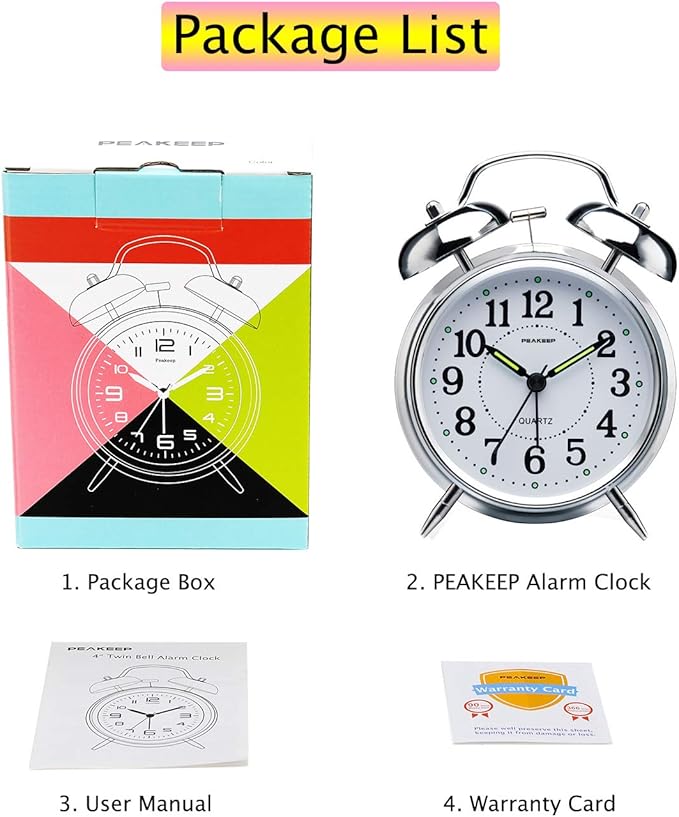 Peakeep 4 inches Twin Bell Loud Alarm Clock for Heavy Sleepers (Chrome Finish)