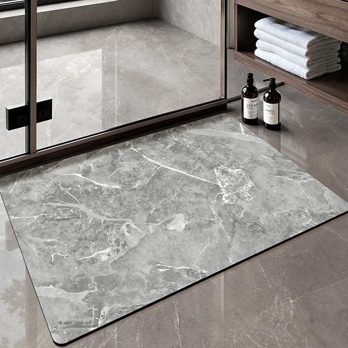 Color&Geometry Ultra Thin Bath Mat, Non Slip Quick Dry Rugs,Absorbent Marble Bathmat,24"x36",Washable Rubber Mats for Shower Floor,in Front of Bathtub,Bathroom Decor,Gray Marble-Patterned