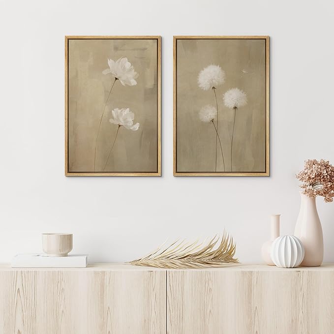 IDEA4WALL Framed Canvas Print Wall Art Set Neutral Floral with White Flowers and Dandelions Illustrations Modern Art Decorative Bohemian Calm/Zen for Living Room, Bedroom, Office - 16"x24"x2 Natural