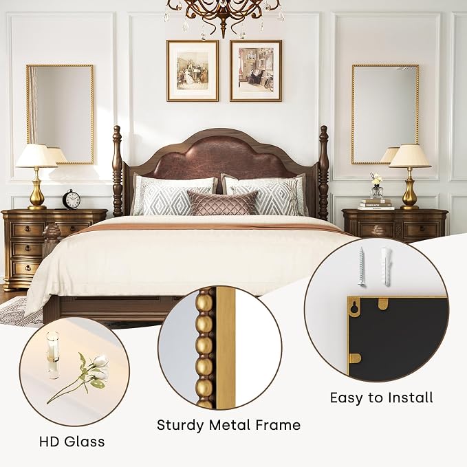 Uniclinens Vintage Rectangle Mirror Decor - Large Antique Gold Beaded Mirror for Wall Decor with Metal Frame, Ideal for Bathroom,Entryway, Fireplace, Living Room, Hallway,24"X36"