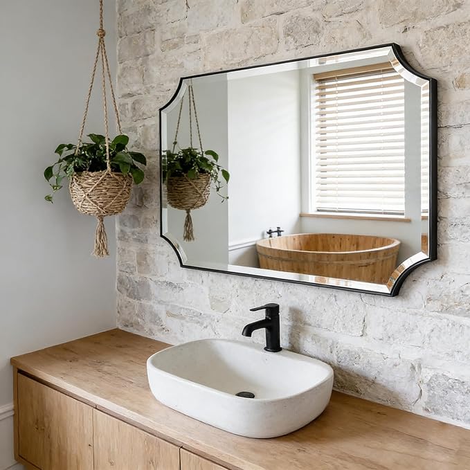 POZINO Rectangle Beveled Mirror, 24"x40" Bathroom Vanity Mirrors for Over Sink, Modern Matte Black Decorative Wall Mirror, Rounded Corner Oblong Mirrors for Living Room Bedroom Fireplace Entryway