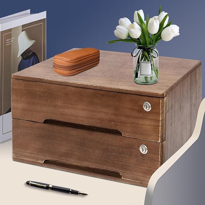 Desktop File Organizer with Lock, 2/3/4 Tier Multi-Drawer Wooden Storage Cabinet, Office Supply Organizer for Home Desk, Study & Workplace (Walnut, 2 Layers)