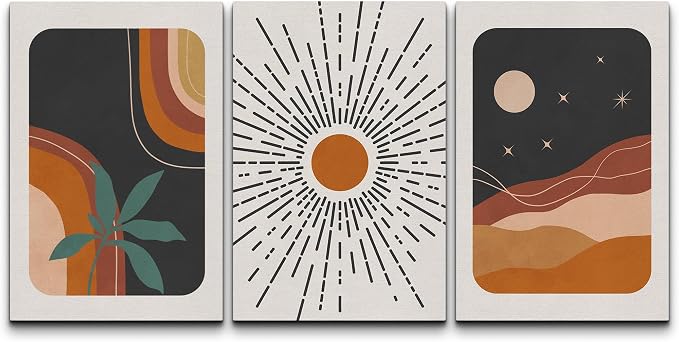 wall26 Canvas Canvas Print Wall Art Set Boho Mid-Century Colorful Sun Moon Landscapes Nature Abstract Illustrations Modern Art Bohemian Decorative for Living Room, Bedroom, Office - 24"x36" x 3