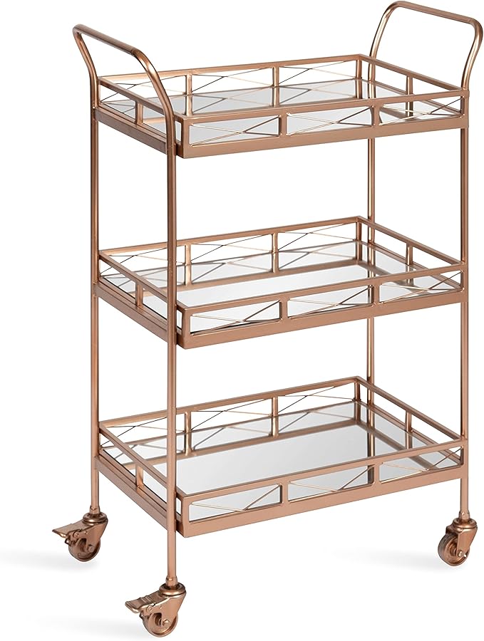 Kate and Laurel Ketia Glam Metal Bar Cart, 23 x 13 x 34, Rose Gold, Glamorous Three Tier Gold Bar Cart for Display and Storage
