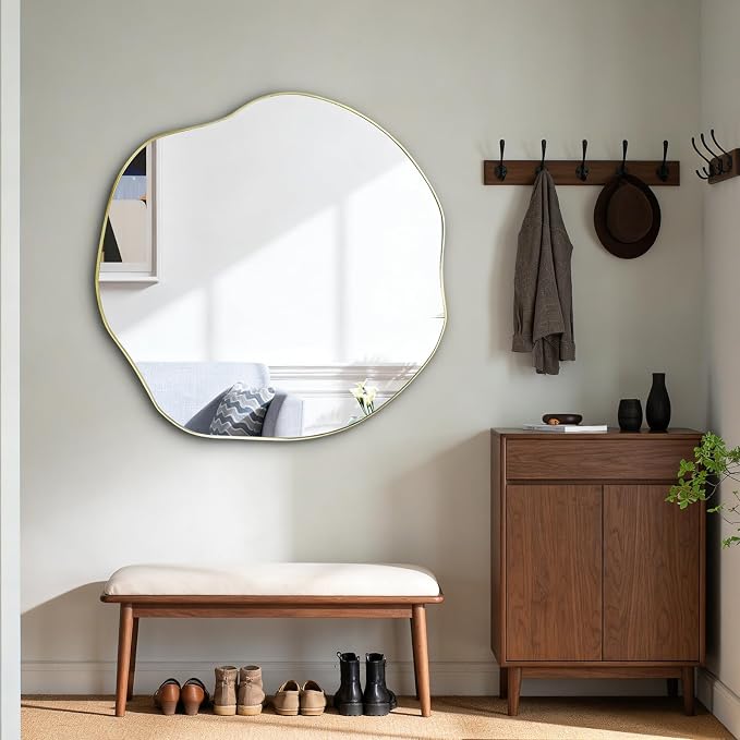 POZINO Irregular Wall Mirror, 35" Scalloped Asymmetrical Art Deco Mirror, Gold Organic Shape Frameless Mirrors for Entryway Living Room Bedroom Hallway, Horizontal or Vertical Hanging