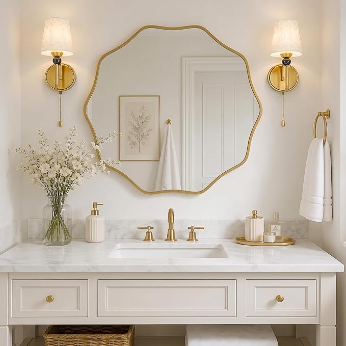 PERFNIQUE Gold Scalloped Mirror, 24'' Round Wall Mirrors Wavy Wood Framed for Bathroom Nursery Bedroom Living Room Entryway, Decorative Modern Wall Decor