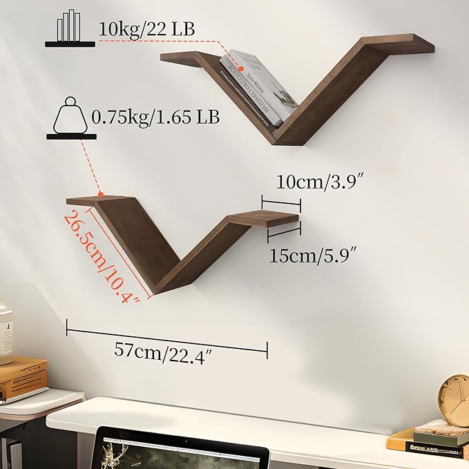 Book Shelf for Wall Set of 2, Modern Hanging Bookshelf Wall Mounted Desktop Book Shelves, Walnut Organizer for Bedroom Livingroom Office