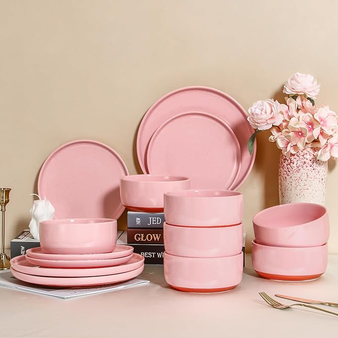 GZG Modern Art Series - 6 Pcs Speckled Stoneware Plates and Bowls Sets, Ceramic Dinnerware Set with Rustic Terracotta Underside, Microwave and Dishwasher Safe Handcrafted Dishes Set - Blush Pink
