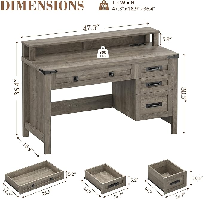YOMILUVE Farmhouse Computer Desk with Drawers, 47" Small Computer Desk with Power Outlets, Home Office Desk with Monitor Stand & 4 Drawers, Writing Study Table, Grey