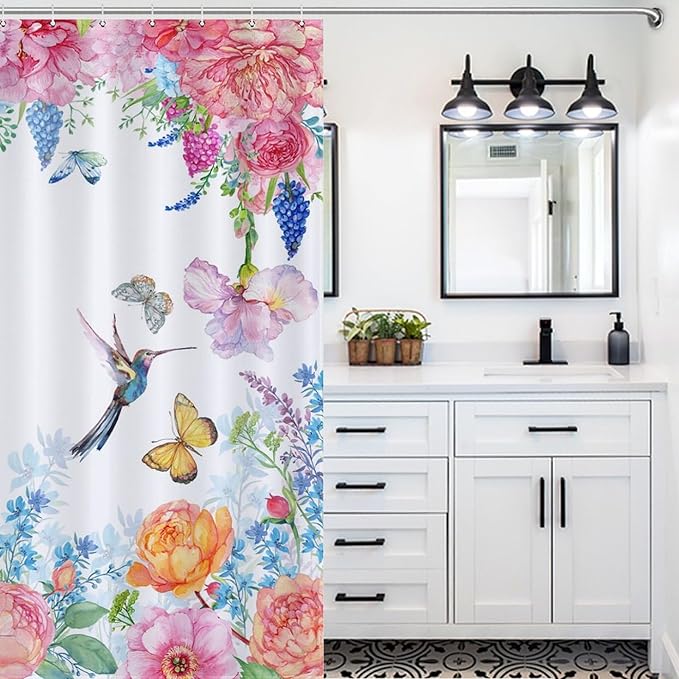 Hummingbird Butterfly Floral Shower Curtain, Spring Watercolor Flowers Blossom Floral Plant Nature Waterproof Shower Curtains for Bathroom Decor 12 Pack Hooks 66x72in（168x183cm）