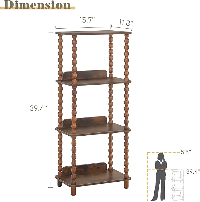 Fultyle Book Shelf, 4-Tier Bookshelf with Storage, Small Bookcase Display Shelves for Small Spaces, Bedroom, Living Room and Office with Solid Wood Legs (Rustic Brown)