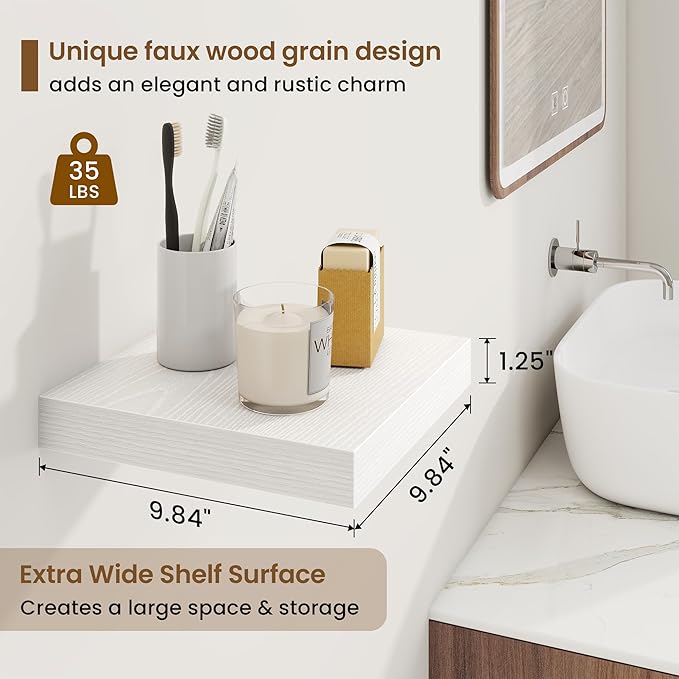 Square Floating Shelves for Wall, 9.25"W x 9.25"D x 1.25"H, 3 Pack Small Wall Mounted Engineered Wood Shelves with Invisible Brackets for Living Room, Bedroom, Bathroom, Kitchen Decor, White