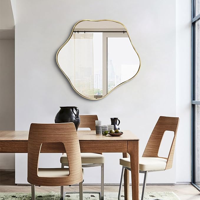 Asymmetrical Wall Mirror, 24" Irregular Shaped Mirror with Gold Frame, Wavy Round Mirrors Decorative, Modern Scalloped Mirrors for Living Room Bathroom Bedroom Hallway Entryway Fireplace