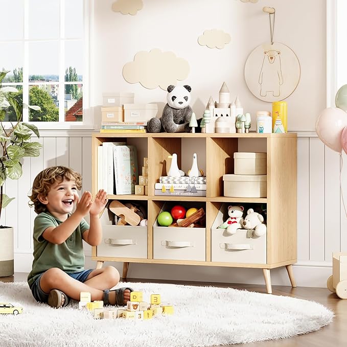 6 Cube Storage Organizer, Wood Bookcase with Legs, Modern Freestanding Cubby Shelving Unit, Book Shelf Toy Storage Cabinet for Bedroom, Living Room, Kids Room, Fits 11 Inch Bins, Natural