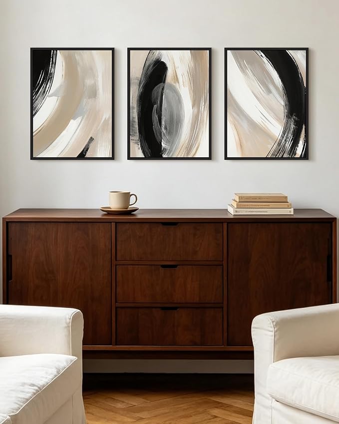 KUVIOKE Modern Abstract Framed Wall Art Black Neutral Minimalist Ink and Wash Graffiti Pastel Wall Decor for Bedroom Living Room 12x16in (Black Framed)