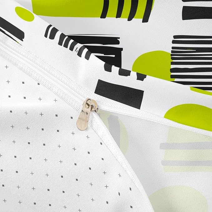 Geometric Stripe Circle Square Bed Set Modern Mid Century Duvet Cover, Hippie Minimalist Bedding Set Full Fifties Retro Old Fashion Comforter Cover, Black Green White Bed Cover (Zipper Closure)