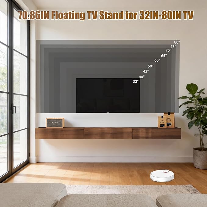 Floating Solid Wood Console Table, 71'' Wall Mounted Narrow Entryway Table with Storage Shelf, Modern Couch Shelves Small Entry Way Tables for Entryway, Front Hall, Hallway (Walnut, 70.86IN)