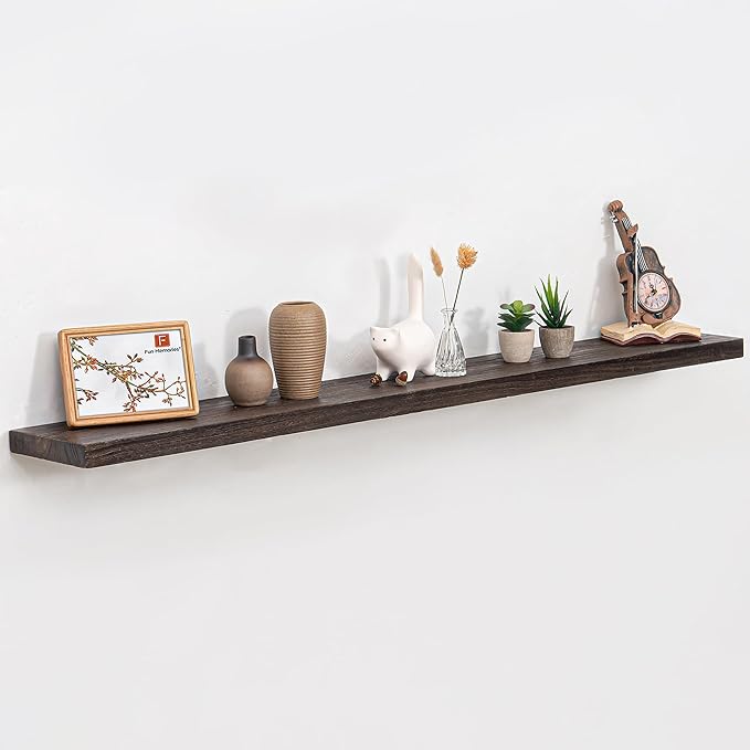 Fun Memories 55" Floating Shelves for Wall, Rustic Solid Elm Wood Floating Shelf - Invisible Bracket Mount, Extra Long Wall Mounted Shelf for Living Room, Bathroom, Bedroom, Kitchen, Walnut