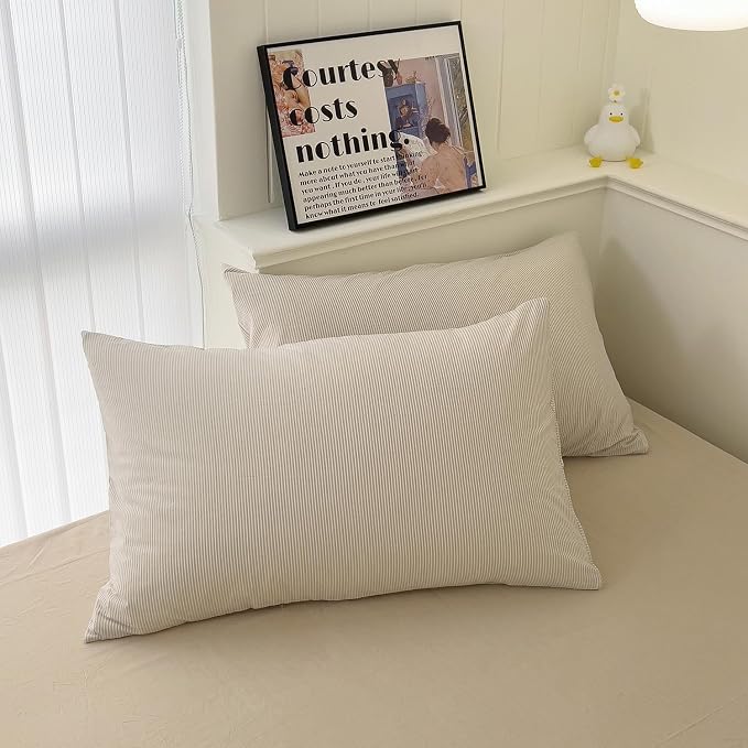 mixinni Tan Striped Duvet Cover Queen Size - 100% Washed Cotton Beige Pinstripe Comforter Cover with Zipper Closure, Lightweight & Breathable, 3 Pieces Minimalist Stripes Pattern Printed Bedding Set