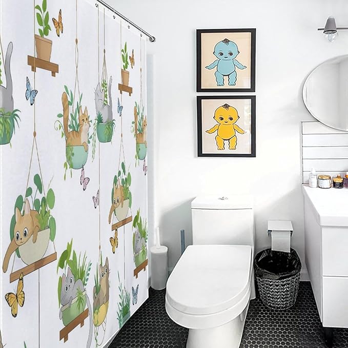 Cat Shower Curtain,Rustic Farmhouse Hanging Potted Plants Funny Animals Bathroom Curtain Polyester Waterproof Fabric Decor 66x72in（168x183cm）
