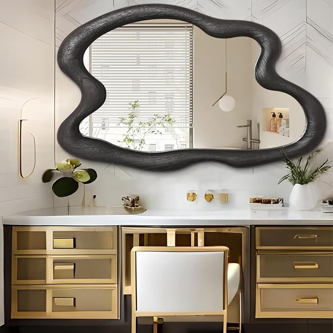 AAZZKANG Irregular Wall Mirror Large 32"x24" Black Asymmetrical Modern Wood Frame Mirrors for Bathroom Bedroom Living Room Entryway