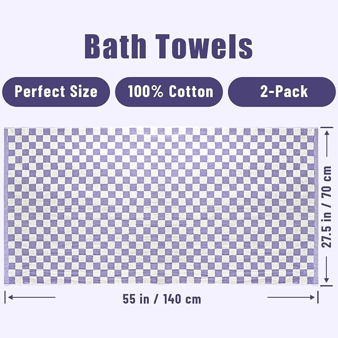 Jacquotha Shower Towels for Bathroom 27.5x55 Inches - Quick Dry Bath Towels Soft & Lightweight (2Pack), Cute Checkered Towel Sets Lilac, 520 GSM Absorbent Cotton