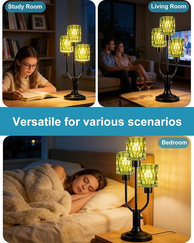 Lightdot Mid Century Modern Table Lamp for Living Room Dimmable Nightstand Lamp Black Vintage Desk Lamp Green Glass 3 Bulbs Included Warmwhite Ambient Bedside Lamp for Bedroom Home Office Decor Gift