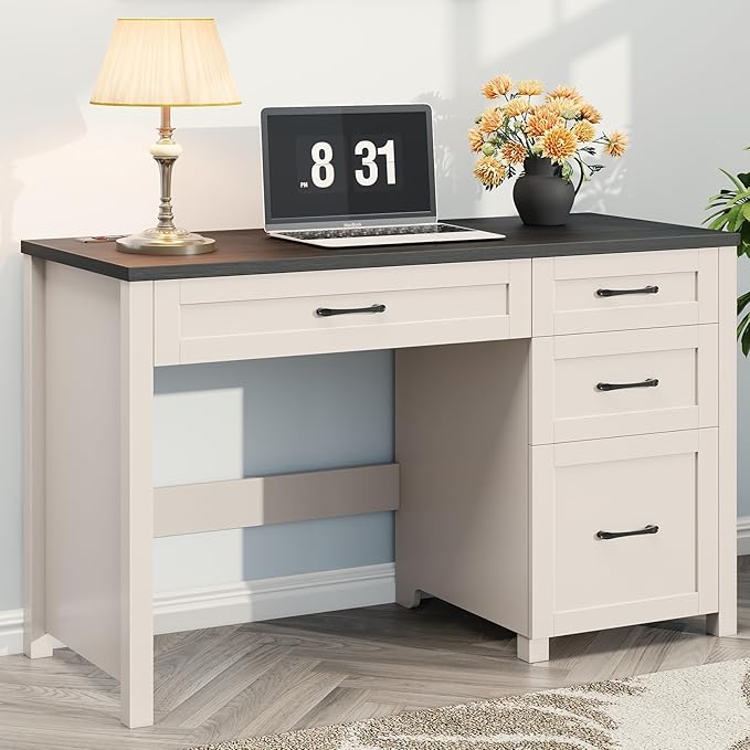 Farmhouse 47" Executive Desk, Computer Desk with File Drawer and Charging Station, Workstation for Home Office, Study.Black