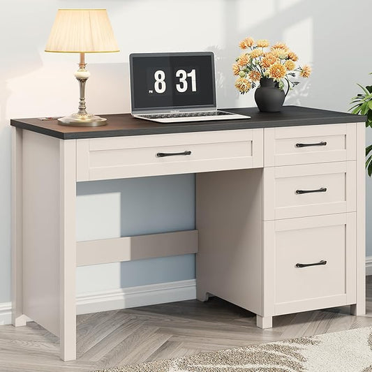 Farmhouse 47" Executive Desk, Computer Desk with File Drawer and Charging Station, Workstation for Home Office, Study.Black