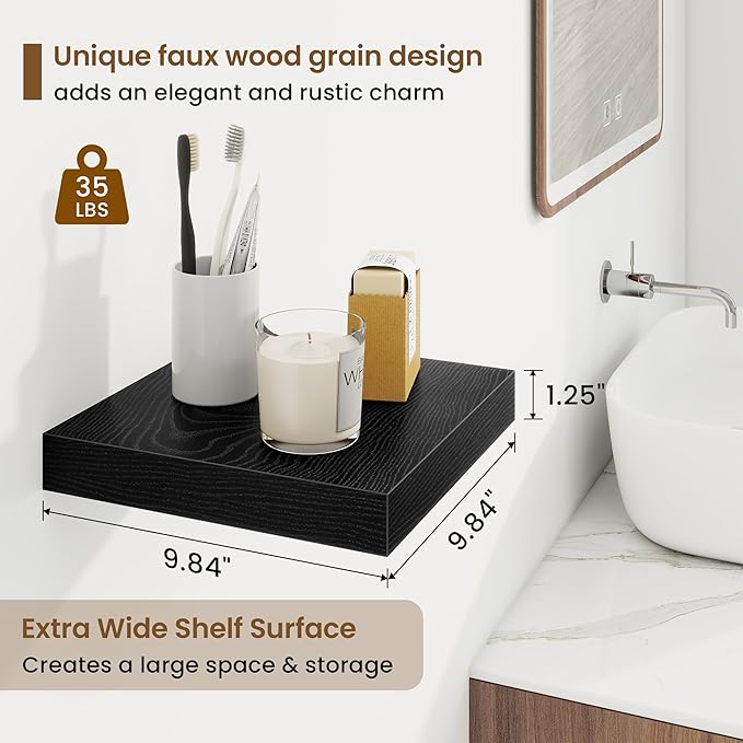 Square Floating Shelves for Wall, 9.25"W x 9.25"D x 1.25"H, 3 Pack Small Wall Mounted Engineered Wood Shelves with Invisible Brackets for Living Room, Bedroom, Bathroom, Kitchen Decor, Black