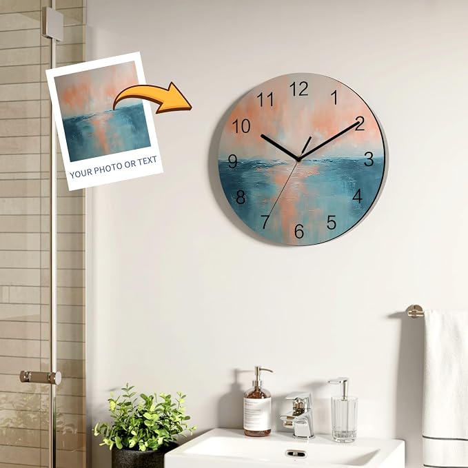 Oil Painting Style Wall Clock Battery Operated Non-Ticking 12" Round Wood Clocks, Abstract Yellow Blue Ocean Sunset Kitchen Wall Clock for School Bathroom Living Room Home Office Wall Decor