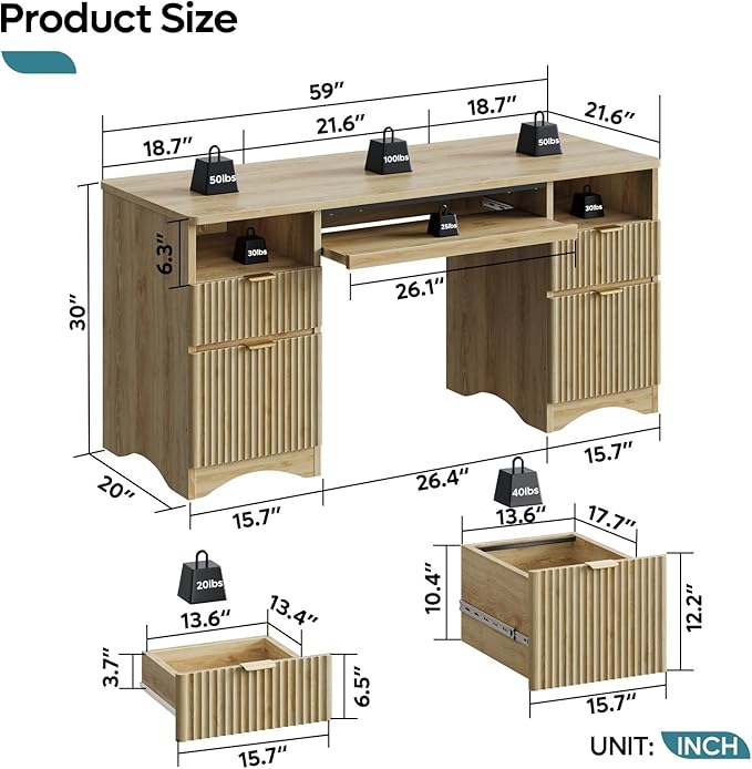 Bestier Computer Desk with Keyboard Tray, 59 inch Office Desk with 4 Drawers, Modern Home Office Desk with File Drawer (Natual Oak, 59" W with Double-Sided Drawers)