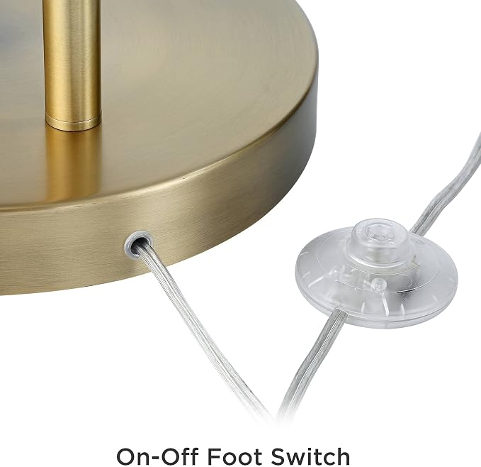 360 Lighting Cora Mid Century Modern Arc Lamps Floor Standing with USB Charging Port 72" Tall Brass Metal White Linen Fabric Drum Shade for Living Room Reading House Bedroom Home Office