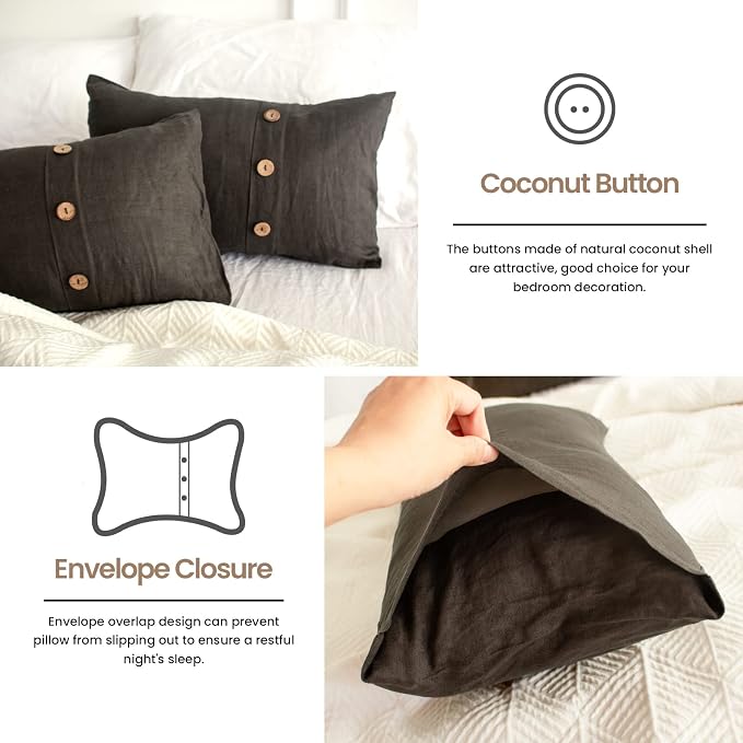 Simple&Opulence 100% Linen Lumbar Pillow Cover 12 x 20 Inch Set of 2 Rectangular Decorative Pillow Cover with Vintage Triple Coconut Button for Couch Sofa Bed Living Room Office Décor - Dark Grey