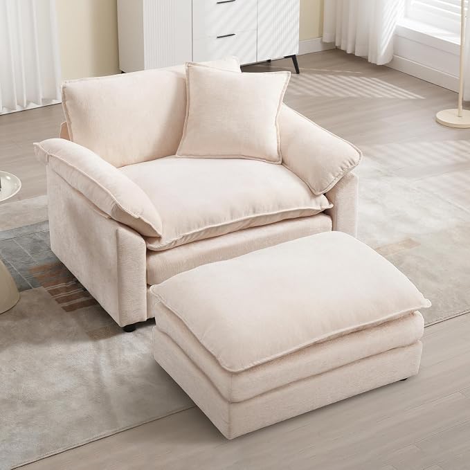 Oversized Chair with Ottoman, Comfy Chenille Accent Chair Large Upholstered Armchair with Extra Thick and Deep Seat Modern Lounge Chair for Living Room,Bedroom,Apartment