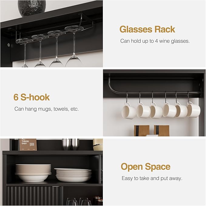Fluted Buffet Cabinet with Storage, Modern Coffee Bar Cabinet with Outlet, Removable Wine Rack, Multi-Functional Accent Liquor Cabinet for Living Room, Entryway, Kitchen, Black