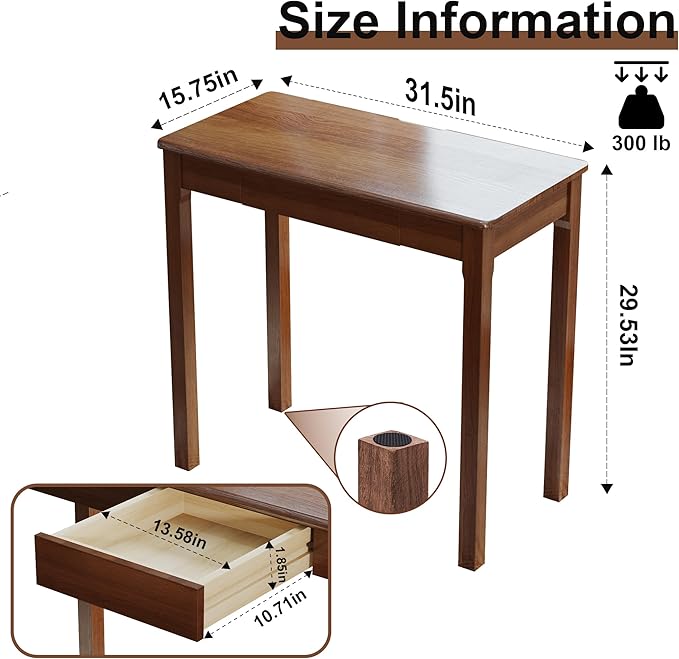 Wood Desk with Drawers - Solid Wood Mid Century Modern Desks for Bedroom, Small Computer Desk for Laptop, Study, Makeup, 31.5 W x 29.5 H x 15.7 D in, Walnut Color