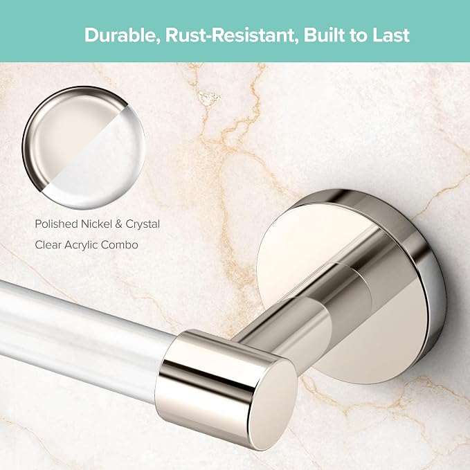 Gatco 5720 Clarion 24" Bathroom Towel Bar, Polished Nickel, Wall-Mounted Towel Rack, Crystal-Clear Acrylic Modern Bathroom Accessory