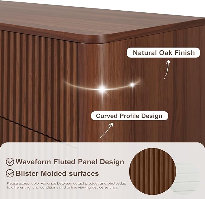 Fluted 5 Drawers Dresser for Bedroom, 47" Tall Handleless Chest of Drawers with Faux Marble Top, Curved Profile, Wooden Drawer Organizer for Living Room, Hallway, Entryway, Walnut