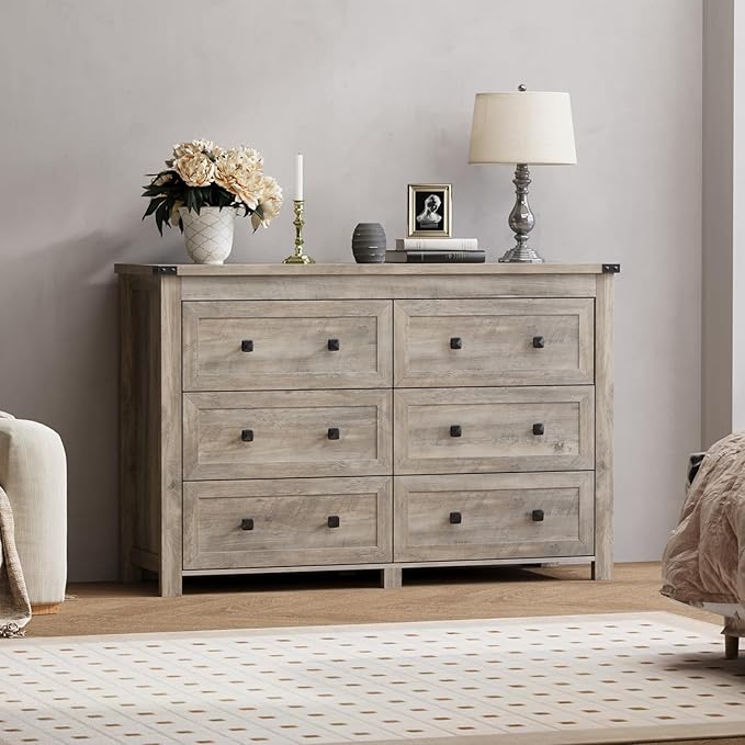 6 Drawer Dresser for Bedroom, Grey Modern Dressers & Chests of Drawers with Metal Handles, Closet Storage Dresser, Storage Cabinet and Organizer with Drawers, Gray