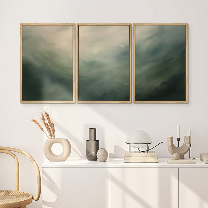SIGNWIN Framed Canvas Print Wall Art Set Green Abstract Cloudy Landscape Illustrations Modern Art Decorative Boho Relax/Zen Nordic for Living Room, Bedroom, Office - 16"x24"x3 Natural