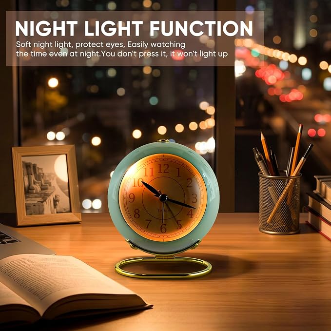 Analog Alarm Clocks,Retro Backlight Cute Simple design Small desk Clock With Night Light,Silent Non-Ticking,Battery Powered,For Kids,teens,Bedroom,travel,kitchen,Bedside Desk decor. (Nostalgic Green)