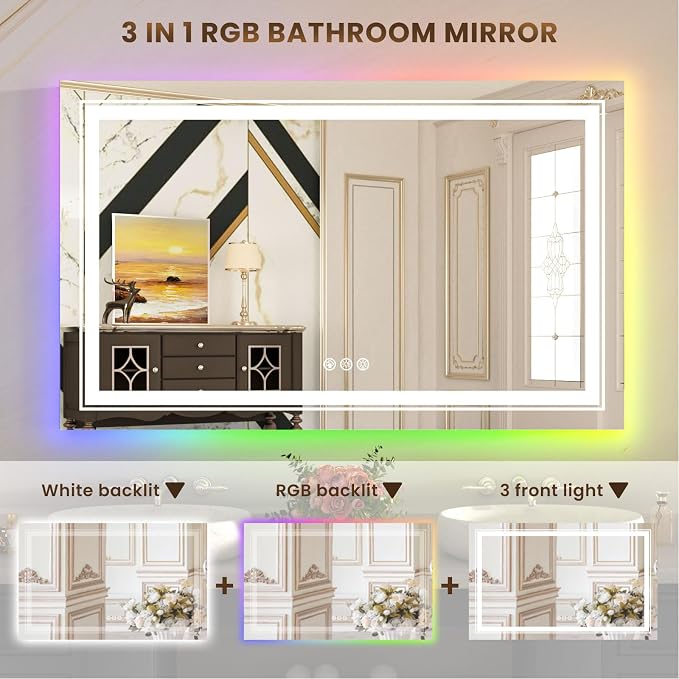 WTTY LED Bathroom Mirror 55"x30" with RGB Backlit and Front Light,Stepless Dimmable LED Mirror for Bathroom,Colored Lighted Bathroom Vanity Mirror,Anti-Fog,Memory Function,Shatter-Proof