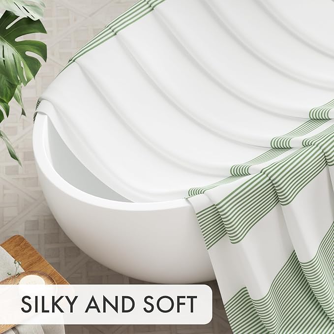 AmazerBath Shower Curtain, Washable Cloth Sage Green with 12 Shower Curtain Hooks, Fabric Green and White Striped Set, Farmhouse Bathroom Shower Curtain, 72x72 Inches